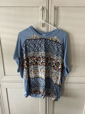 Sew In Love Light Blue Floral Patchwork Short Sleeve Top